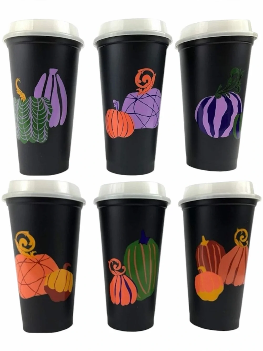 Starbucks Fall Pumpkin Hot Cups 6 Pack Travel Glow in Dark Lids NEW in Box Black
